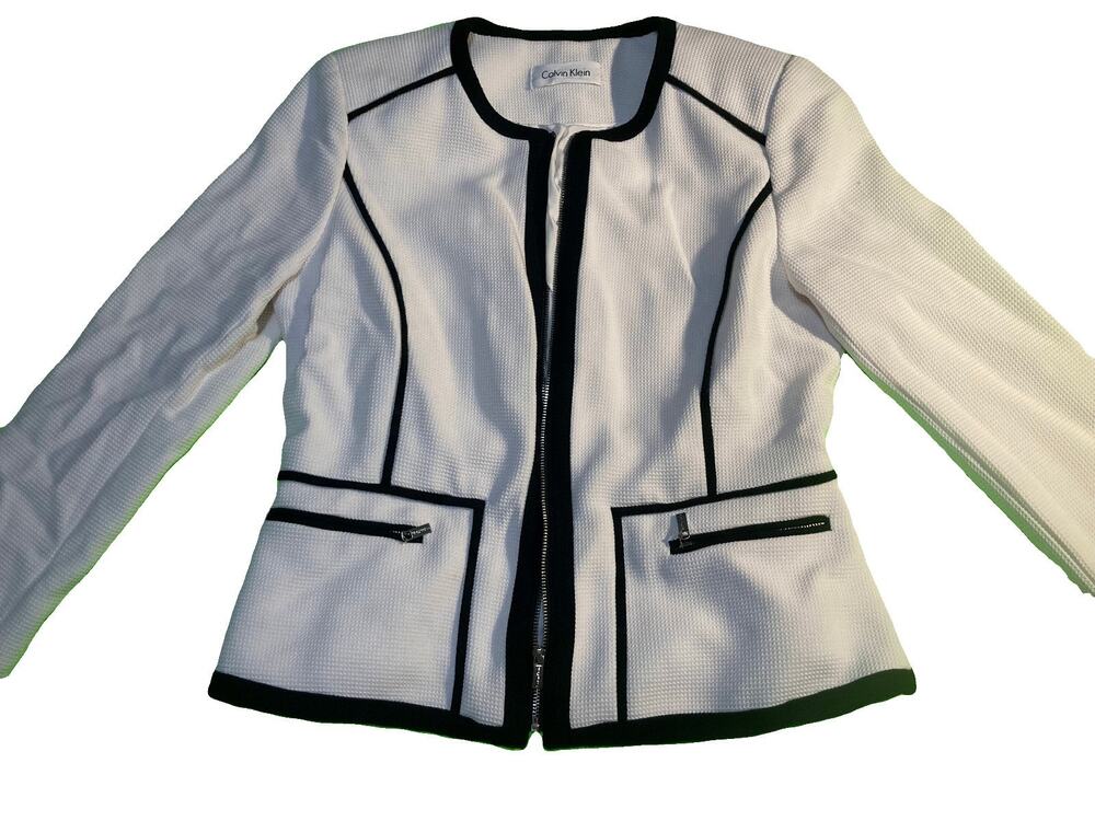 Calvin Klein womens white jacket Preppy formal black accents long sleeve